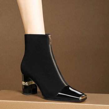 

Fashion Metal Square toe women boots high Heeled Party Shoes Woman Zipper Short BootsWomen Autumn Winter Ankle Boots