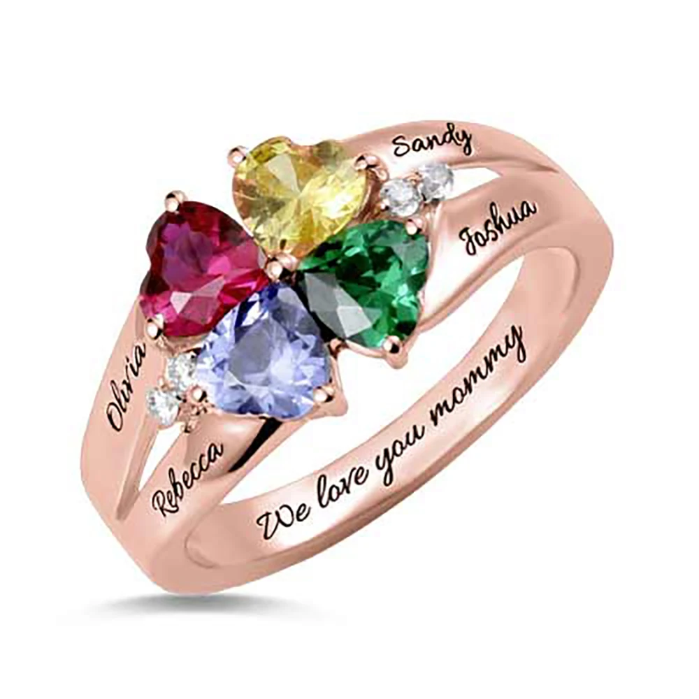 

Uonney Dropshipping Engraved 4 Heart Birthstones Name Ring Anniversary Valentine Birthday Gift Silver Rose Gold Color Jewelry