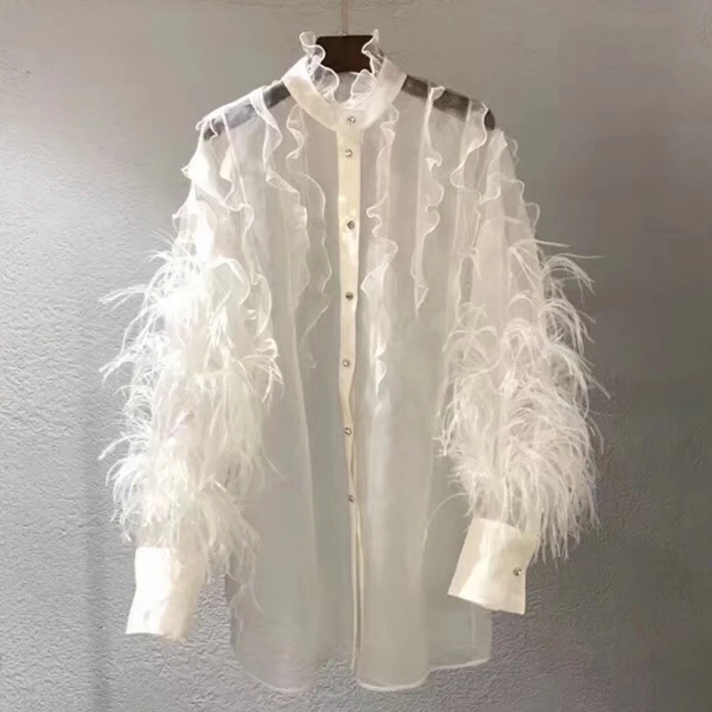 Элегантная блузка из органзы с оборками и белым пером, женские топы, Осенний сексуальный перспективный длинный рукав, Блейзер, feminino