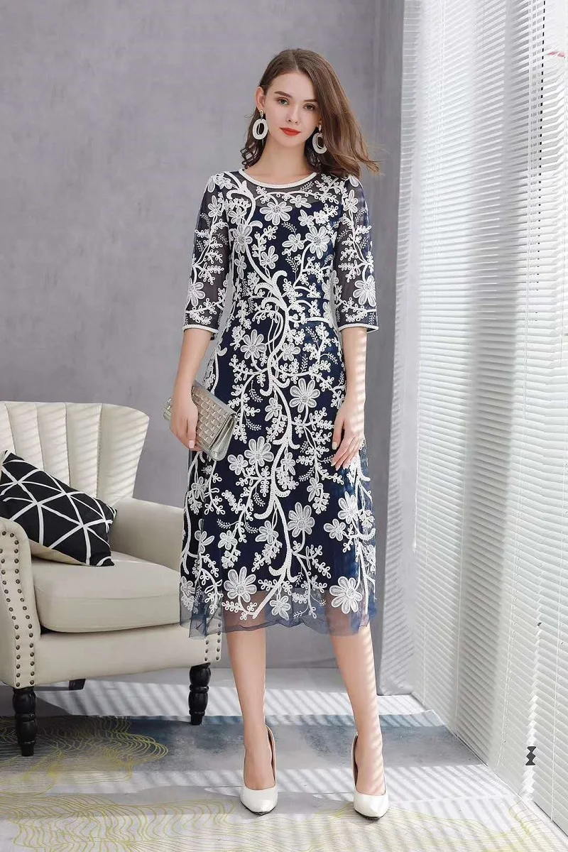 Plus Size Dress 2020 Autumn Winter Party Event Women O-Neck Allover Exquisite Embroidery 3/4 Sleeve Midi Blue Apricot Dress