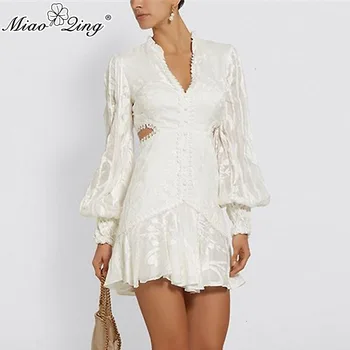 

MIAOQING Vintage Patchwork Ruffle Hollow Out Dresses For Women V Neck Lantern Long Sleeve Waist High Print Dress Female Tide