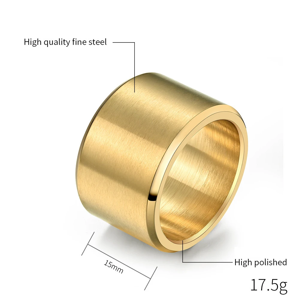 Mens Ring 15mm Chunky Brushed Stainless Steel Wide Punk Band Jewelry