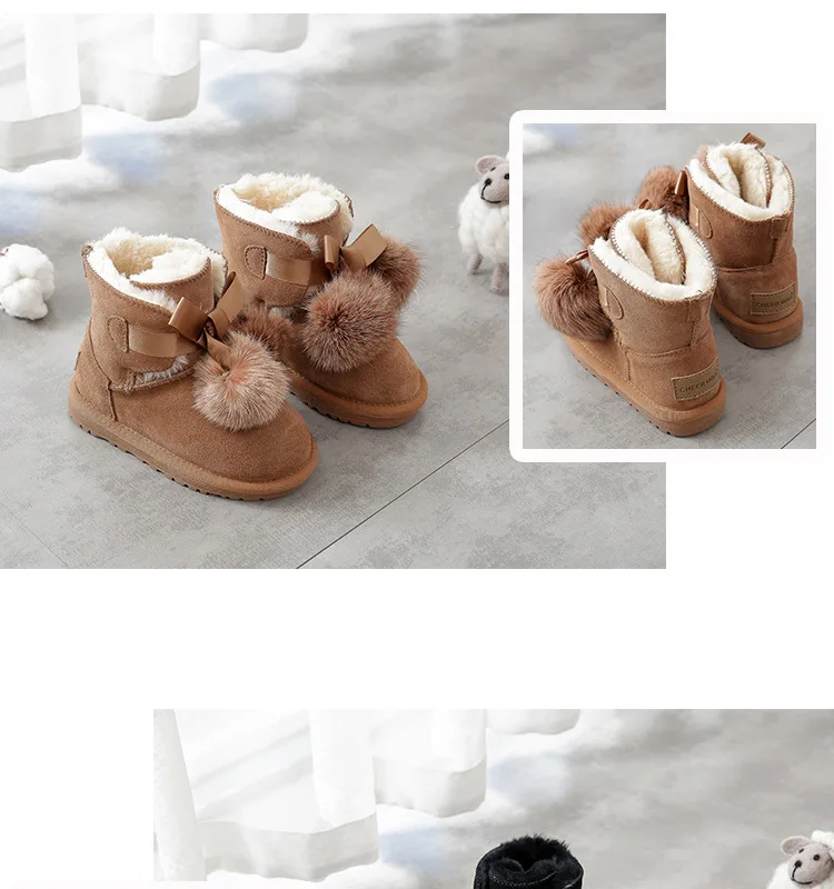 SHUANGGUN New Children Boots For Girls Kids Snow Boots Genuine Sheepskin Leather Natural Fur Warm Winter Shoes#K001