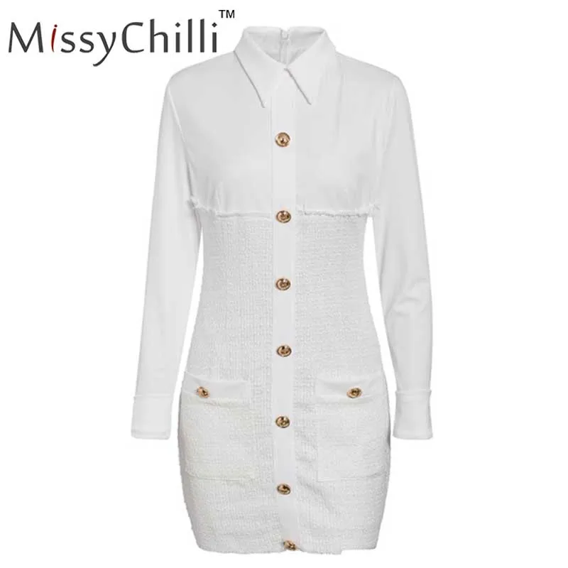 Белый MissyChilli, элегантное твидовое клетчатое платье на пуговицах, офисное платье, женское лоскутное платье с длинным рукавом, облегающее платье, весенние сексуальные вечерние платья, короткое платье, новинка - Цвет: Белый