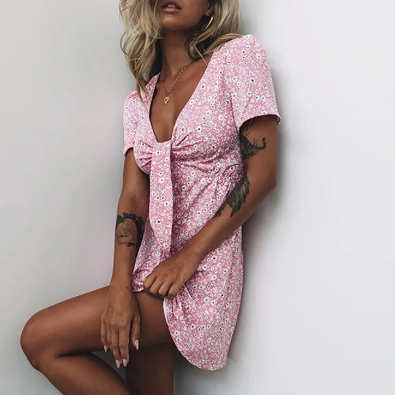 

Women Dresses Summer Sexy V Neck Floral Print Mini Beach Dress Short Sleeve Party Birthday Festival Wrap Sundress Female New