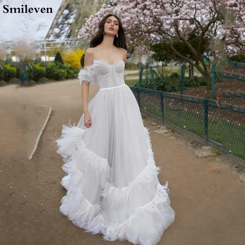 Смайлик А-силуэта свадебное платье элегантное перо Бохо платья невесты vestido de casamento турецкие свадебные платья