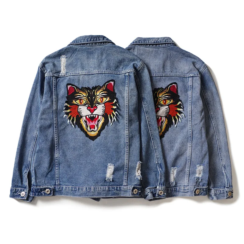 

2019 Spring And Autumn New Style Europe And America Station Grade Trend MEN'S Jacket Embroidered Tiger Head Jeans Coat a-Piece