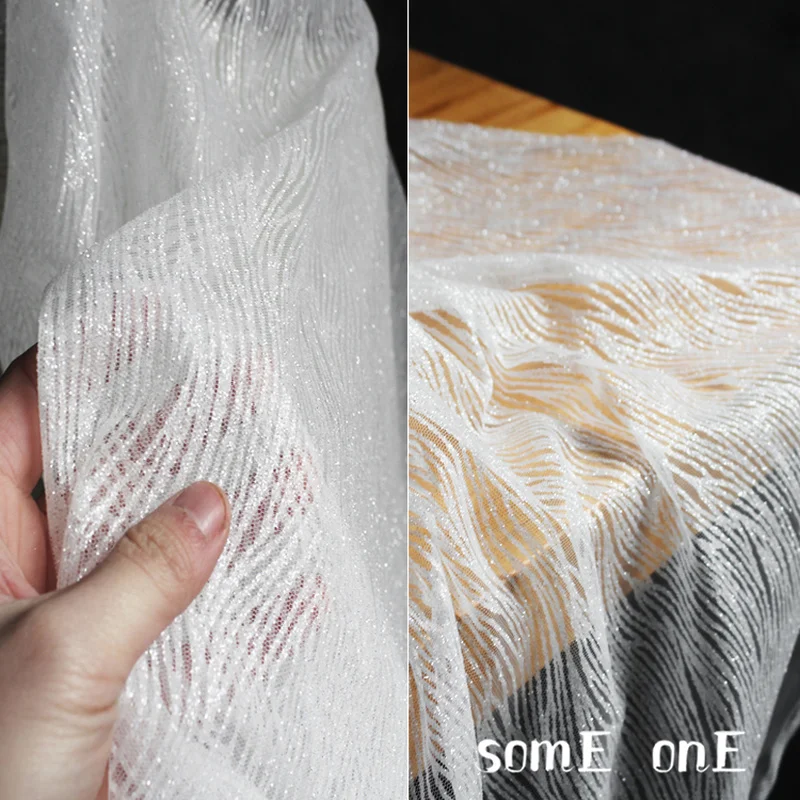 

Mesh Tulle Fabric Wave Texture Bronzing Sequins Perspective DIY Stage Decor Veil Skirt Wedding Dress Designer Fabric 50*145cm
