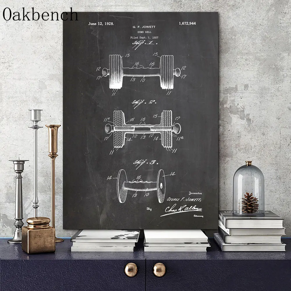 Абстрактная Картина на холсте гантели патент схема ВИНТАЖНЫЙ ПЛАКАТ Бодибилдинг