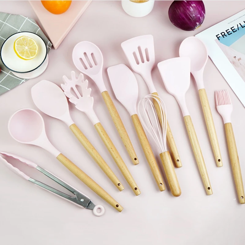 

Набор кухонных принадлежностей из силикона с порошком цветущей вишни, пищевые принадлежности, ручки из бука, 11/12 шт.