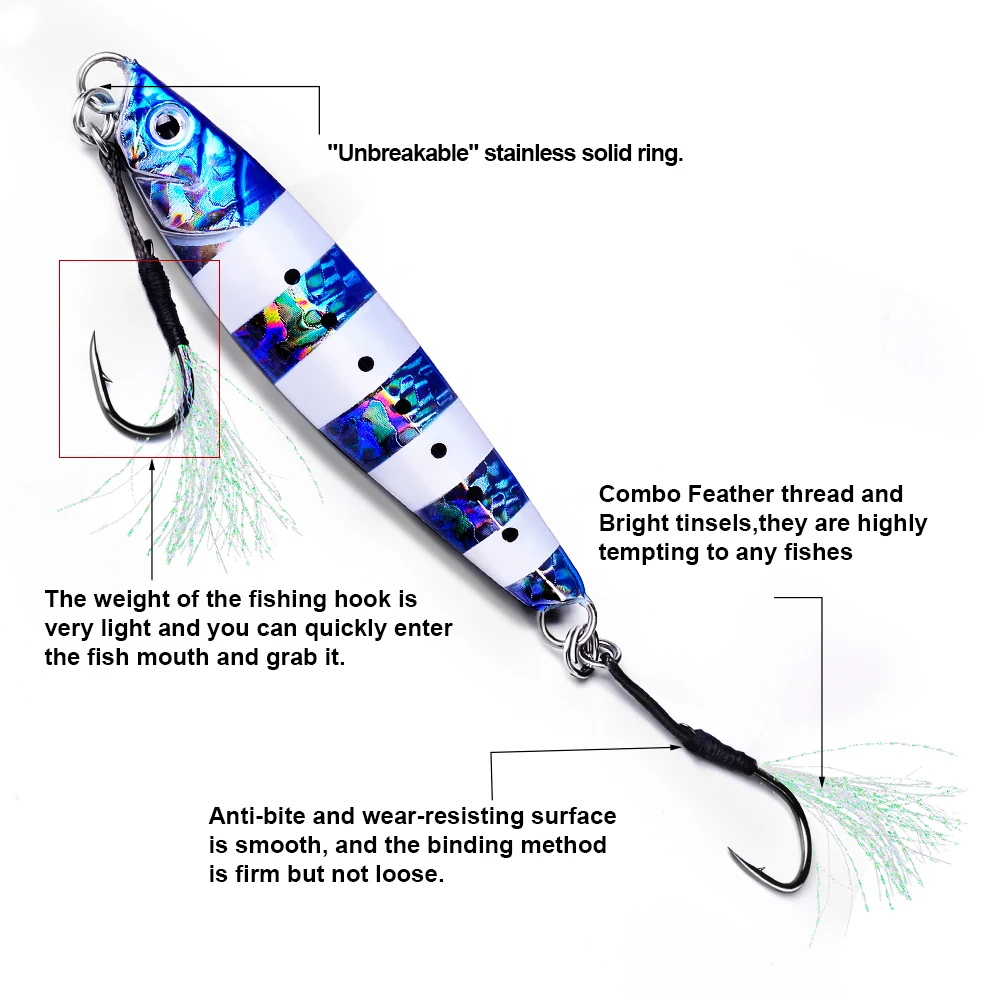 PROBEROS 100Pcs Metal Jig UV Light Assist Hooks 11-19# Jigging Spoon  Fishhooks With PE Line Feather Solid Ring Fishing Hooks
