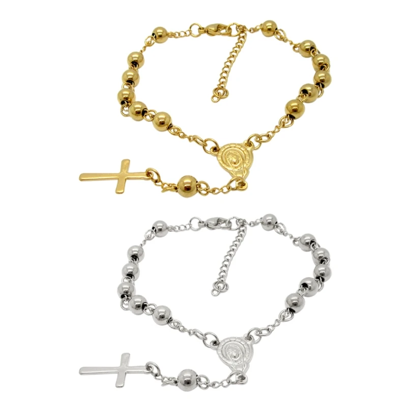 Stainless Steel Rosary Women Christe Beads Bracelet Vintage Jesus Christ Crucifix Cross Bracelet Bead Chain Wristband Croca Char