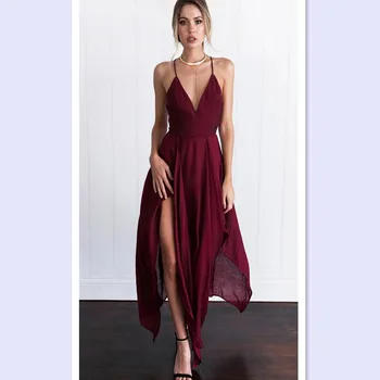 

Red Black Elegant Party Sling Dresses Sexy Nightclub Solid Color Halter Sleeveless Chiffon Irregular Slit Fashion Women Dresses