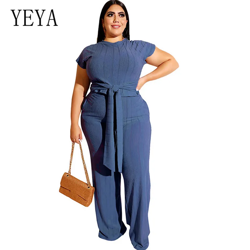 Smoky Blue YEYA большой Размеры 4XL 5XL Винтаж широкий комбинезон с длинными рукавами комплекты из двух предметов комбинезон с коротким рукавом Для женщин костюмы «плюс сайз» Повседневное комбинезоны - Цвет: Smoky Blue