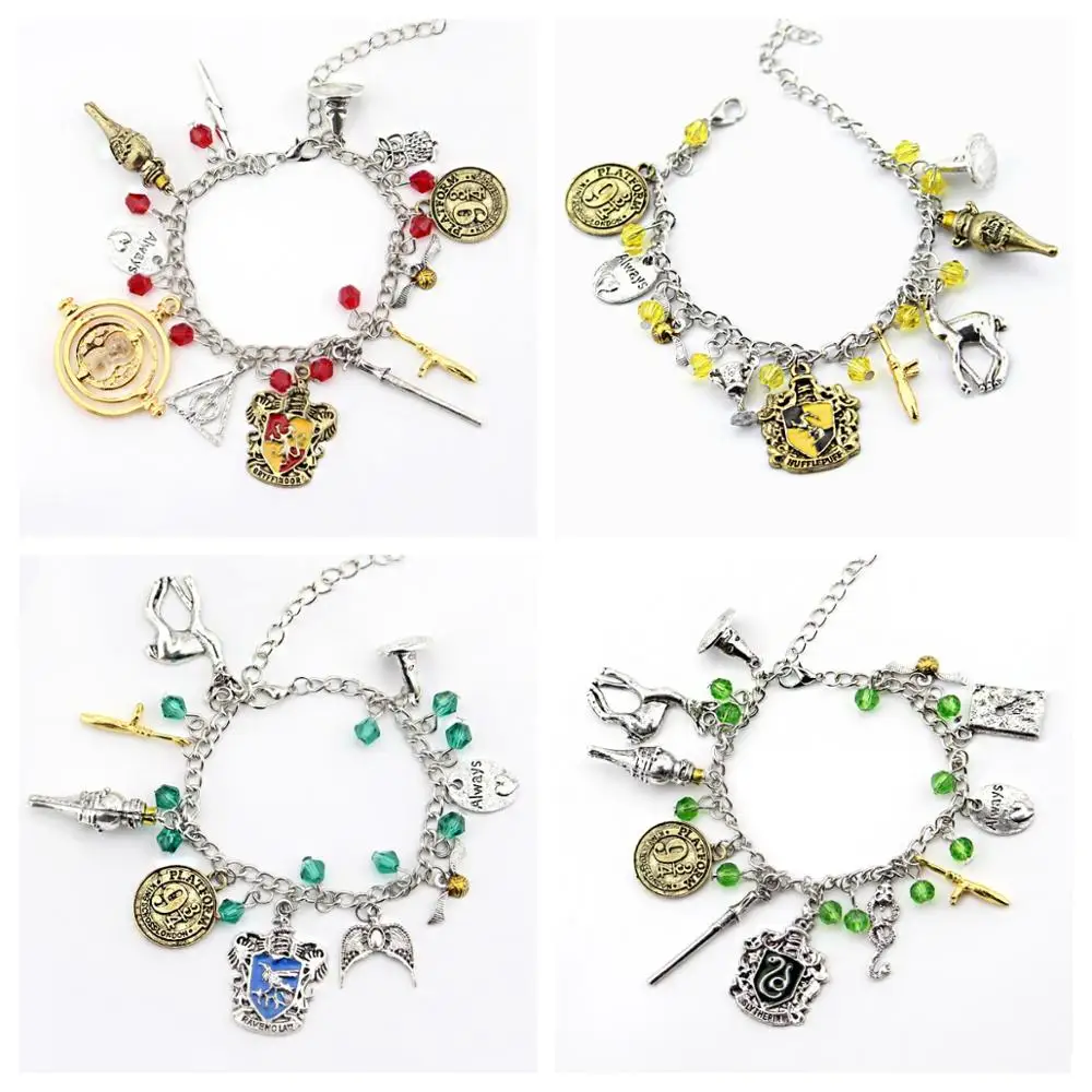 

4 Styles Movie Inspired Bracelet Hufflepuff Bracelet with Hermione Ron Spell Book Hat Wizard Snitch and more Charm Jewelry