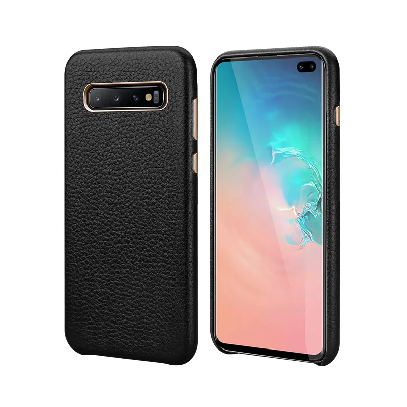 Роскошный металлический чехол с кнопкой громкости для samsung Galaxy S10 S10 Plus S10 5G винтажный тонкий мягкий чехол из натуральной кожи - Цвет: Черный
