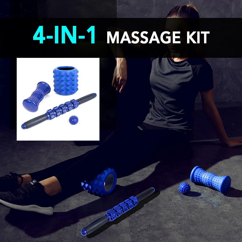 

4 IN 1 Massage Bundle Kit Muscle Roller Stick Foam Roller Massage Ball Foot Massage Roller for Body Leg Arms Exercises Equipment