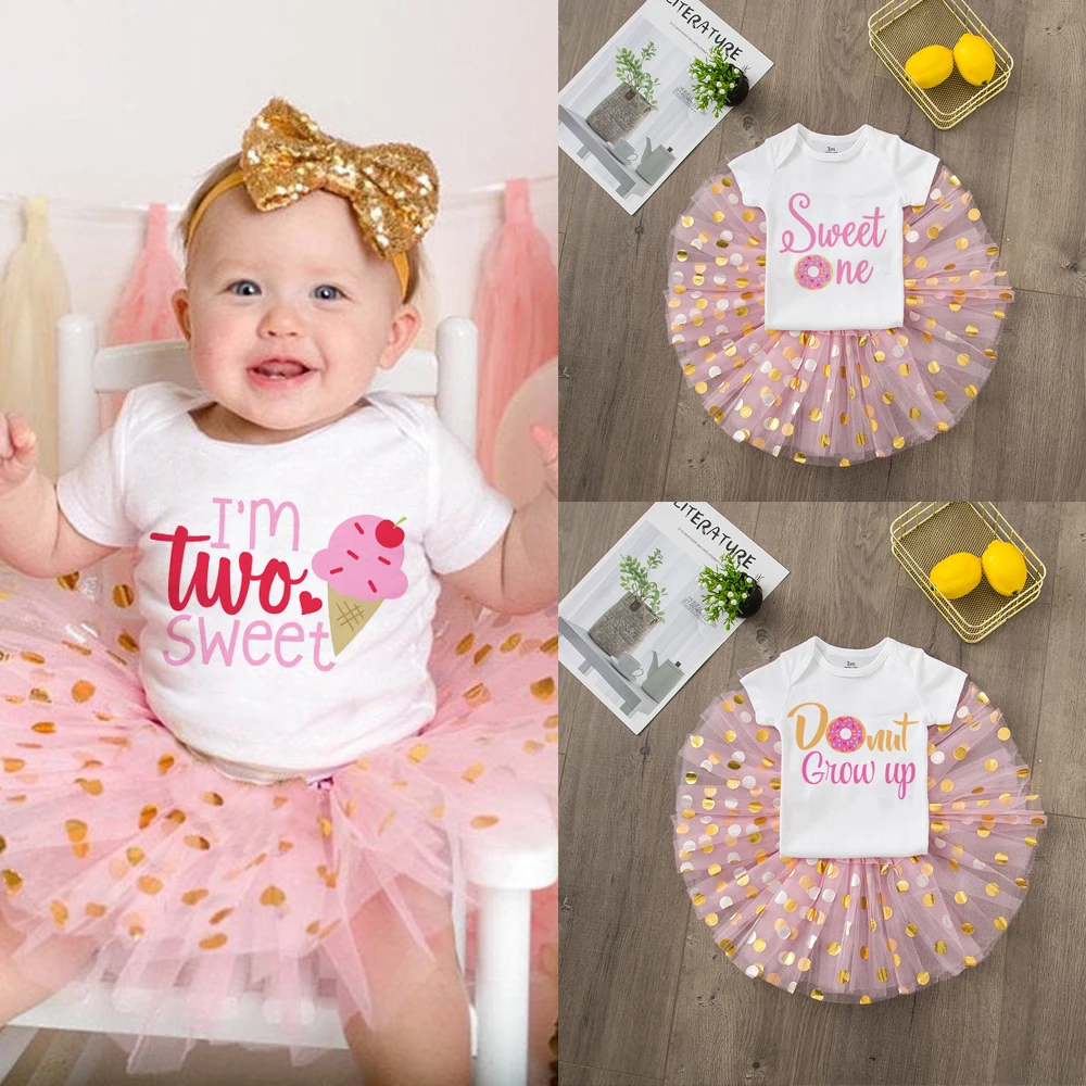 Baby Girl 1st 2nd Birthday Dress Cake Smash Outfit Sets Pink Gold Sequin Suits 