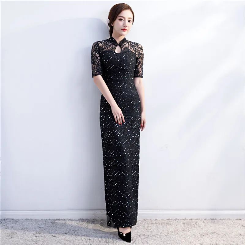 Элегантное женское тонкое платье Cheongsam с блестками, сексуальное вечернее платье, винтажное кружевное платье для сцены, китайский стиль, банкетное платье Qipao 3XL