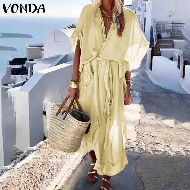 Летнее Длинное Платье Макси, женский сарафан VONDA, праздничное богемное платье с расклешенными рукавами, Пляжное платье размера плюс вечерние платья, Vestido S-5XL