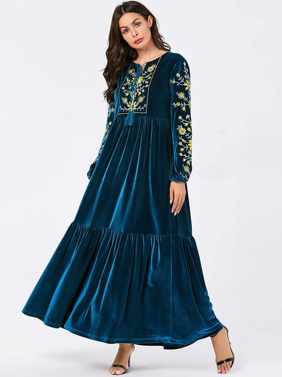 Abaya/арабское платье с цветочным рисунком; кафтан в Дубае; сезон весна-зима-осень; теплое темно-синее Повседневное платье с вышивкой; большие размеры