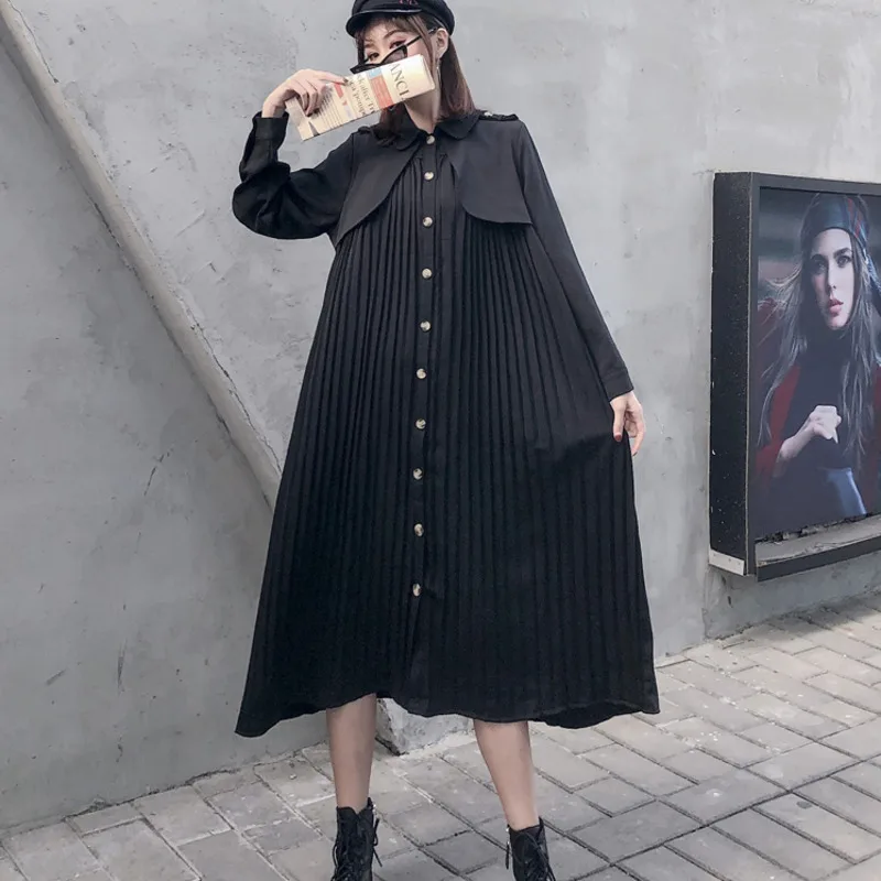 

LANMREM 2020 New Spring And Summer Turn-down Collar Full Sleeves Single Breasted Pleated Patchwork Shirt Dress WK37501