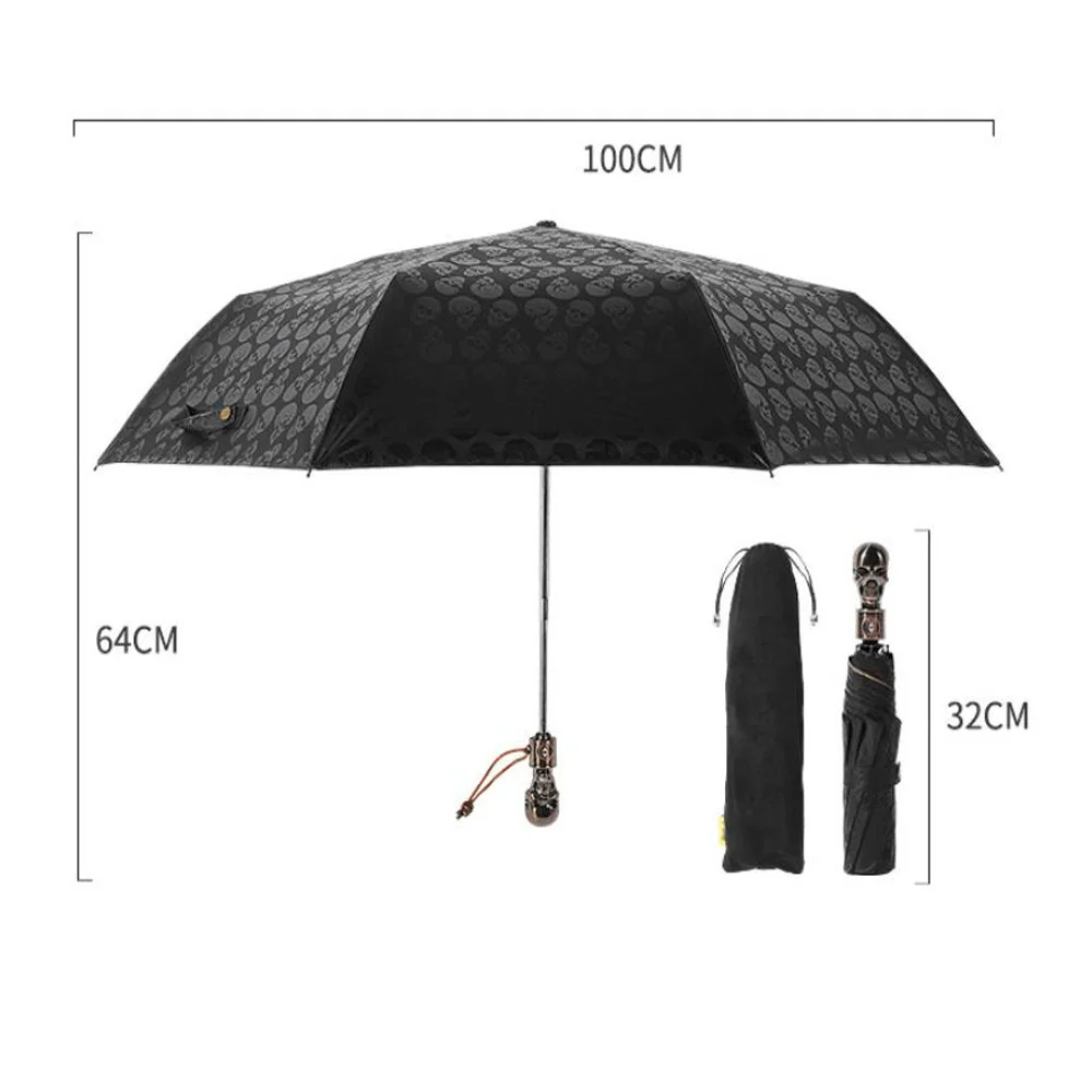 choedii Ombrello da sole con protezione UV, compatto, portatile, automatico, resistente al vento, da viaggio, per camminare, grande teschio, impermeabile, pieghevole, 32 cm, 0,4 kg (teschio oro