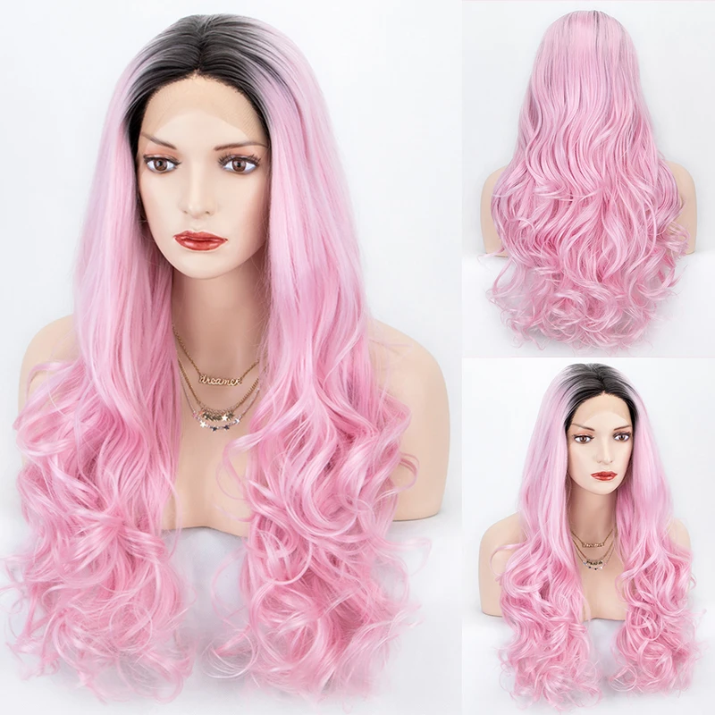 

Glissamer Ombre Pink Lace Front Wig With Dark Roots Long Wavy Synthetic Wig High Temperature Fiber Wigs For Women