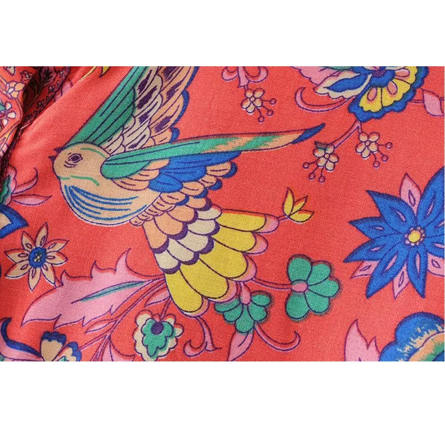 AYUALIN long sleeve blouse for women Gypsy birds floral print rayon blouses o-Neck flare long Sleeve Bohemia women blouses TOP