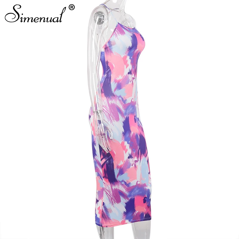 Simenual Backless Criss Cross Hot Sexy Midi Dresses Women Strap Sleeveless Party Clubwear Tie Dye Print Skinny Bodycon Dress New