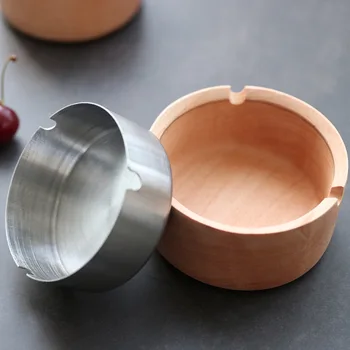 

Double Layer Round Ashtrays Natural Wooden Ashtray with Stainless Steel Inner Wholesale Ash Tray Holder