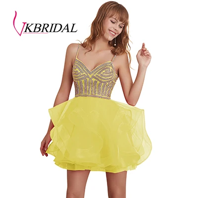 Цвет: желтый VKbridal блеск с кристаллами для платья для выпускного короткие для юниоров сладости 16 вечерние свадебные платья кружево на спине бальное платье из тюли для выпускников - Цвет: Цвет: желтый
