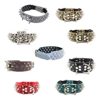

Leather Spiked Studded Dog Collar 2" Wide, 25 Spikes 44 Studs, Pit Bull, Boxer-Black M