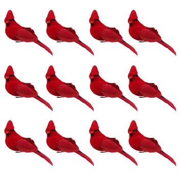 

12pcs/set Chriatmas Tree Hanging Fake Birds Cardinal Clip On Xmas Tree Drop Ornament Foam Velvet Birds Festival Party Decor
