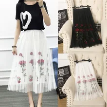 Модные женские плиссированные юбки лето винтажная сетчатая юбка-пачка с вышивкой розы богемная трапециевидная пляжная юбка женская Saia Faldas