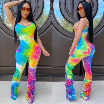 

Tie Dyeing Print Skinny Flare Pants Casual Womens Jumpsuits Rompers Summer Sleeveless Sporty Workout Bodycon Playsuits