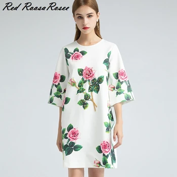 

Red RoosaRosee Designer Women New Autumn Spring O-Neck Beading Sequined Rose Flower Print Loose Party Dress