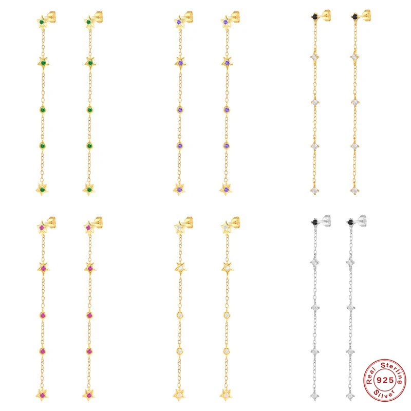 CANNER Pendientes Plata 925 Colorful Crystal Long Tassel Earrings 925 Sterling Silver Stud Earring For Women CZ Wedding Jewerly