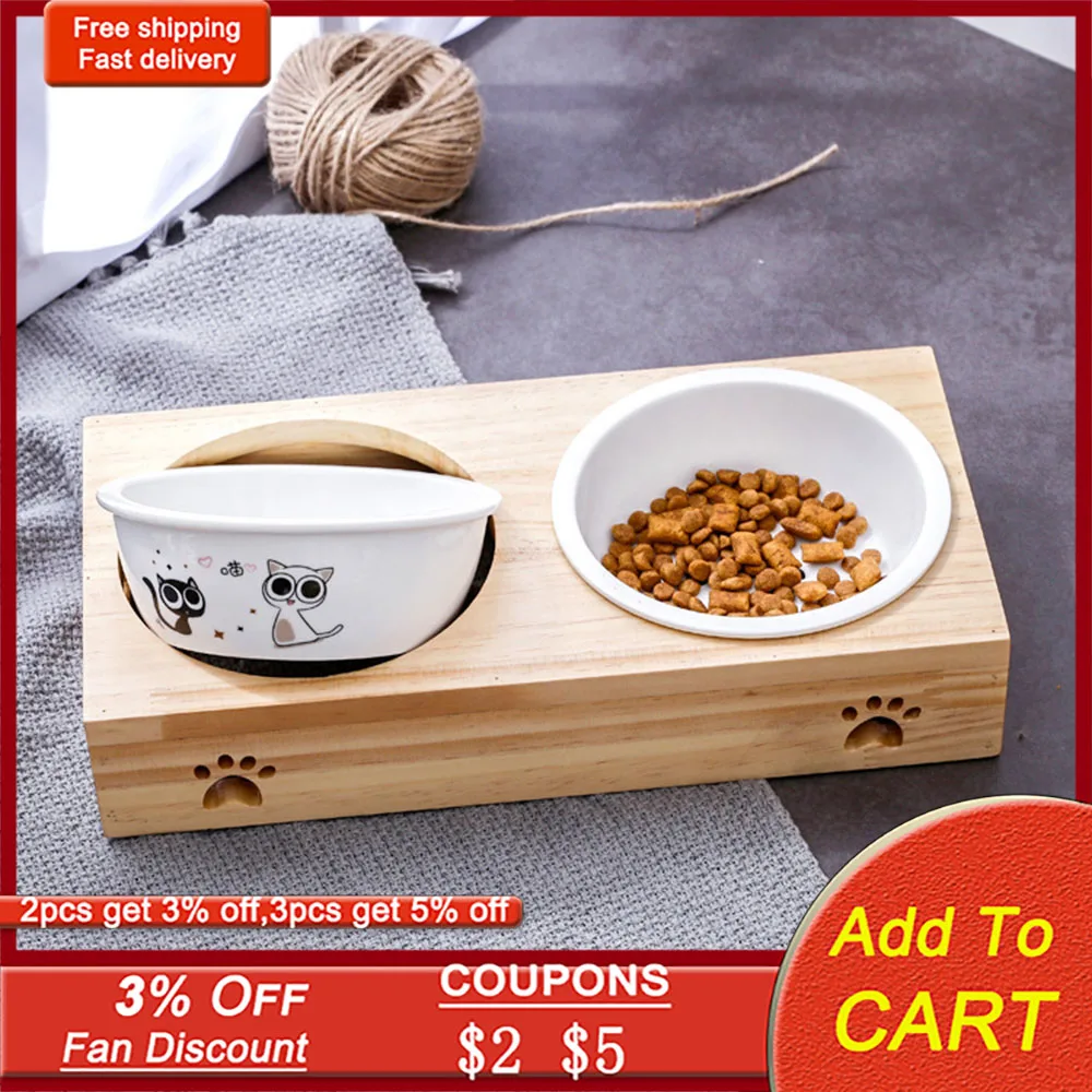 

Cute Cat Bowl Round With Wooden Stand Protects The Cervical Spine High Qualiy Bowl Feeding Drinking For Dog And Cat Pet Feeder