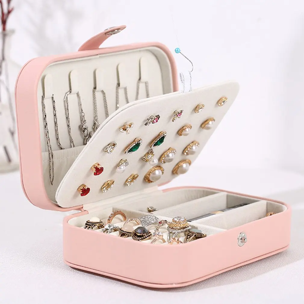 

Women 2 Tiers Jewelry Box Organizer Ladies Travel Case Earring Ring Necklace Storage Boxes Button Leather Storage