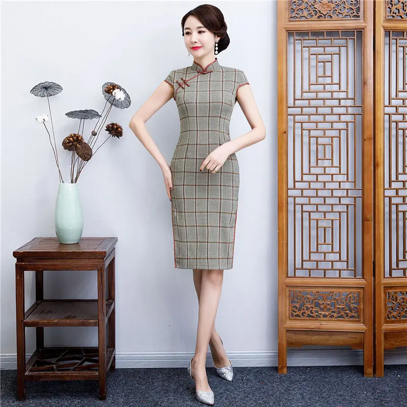 Летнее клетчатое платье с коротким рукавом, сексуальное, тонкое, Qipao, миди платья для женщин, Vestidos, Cheongsams, винтажное традиционное китайское платье, M-4XL