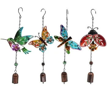 

1PC Wrought iron hummingbird butterfly wind chimes creative dragonfly beetle pendant new 4 styles glass painted crafts pendant