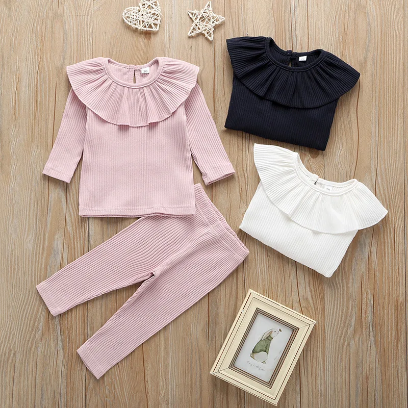 Г. Весенне-осенний Модный комплект для маленьких девочек, Детский комплект в рубчик с длинными рукавами для девочек, футболка с оборками и штаны, костюмы, RT770