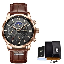 Men's Luxury Quartz Watch - Elegant Leather Strap, Sporty & Waterproof Design, Gift - Ready in Box (Rose gold Black)