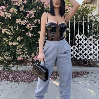 

High street fashion women casual sweatpants letter print harajuku high waist elastic stretch straight fall women cargo pants