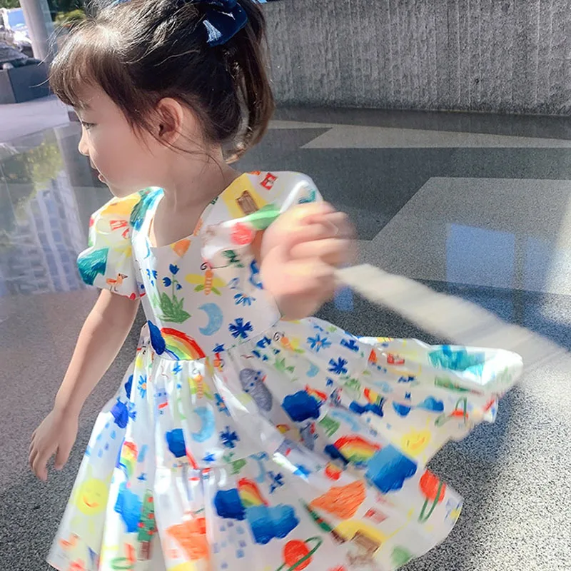 Summer Girls' Puff Sleeve Casual Cartoon Party Princess Dress Cute Children's Wear Baby Kids Girls Clothing girls dress,princess costume,kids clothes