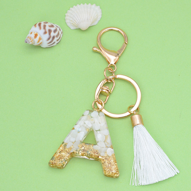 Gold Tassel Alphabet Keychain English Letter Keyring Glitter Gradient Resin Gold Leaf Crafts Car Mirror Handbag Charms