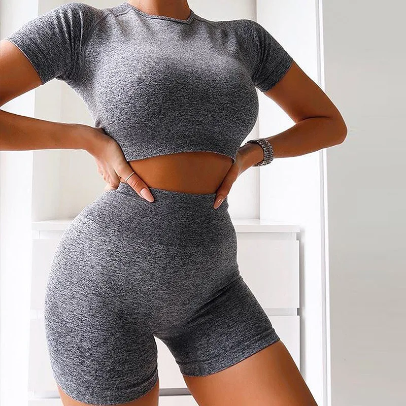 

Women Short Sleeve Sport Set Seamless Sport Suit Gym Workout Clothes Fitness Crop Top Shirt High Waist Shorts Running Clothing