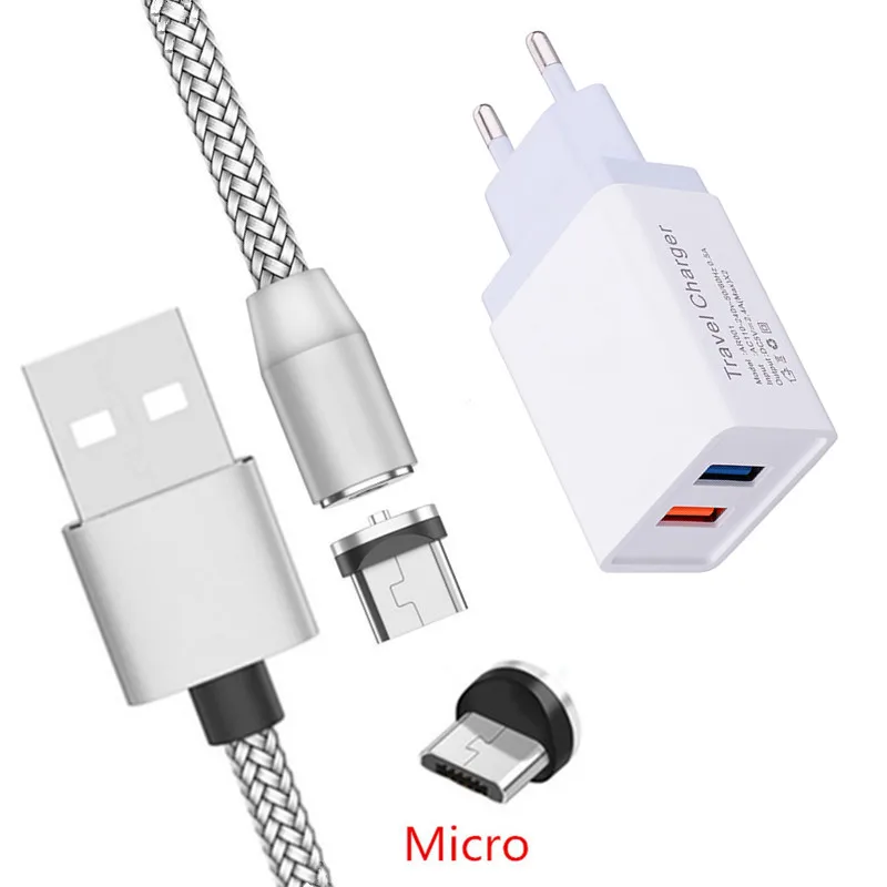EU charger and cable Магнитный микро-usb кабель для зарядки Honor 8A 8X Meizu V8 M6 M5S QC 3,0 быстрое зарядное устройство для samsung A7 J2 A6 Asus Zenfone 3 Max ZC520TL - Тип штекера: EU charger and cable