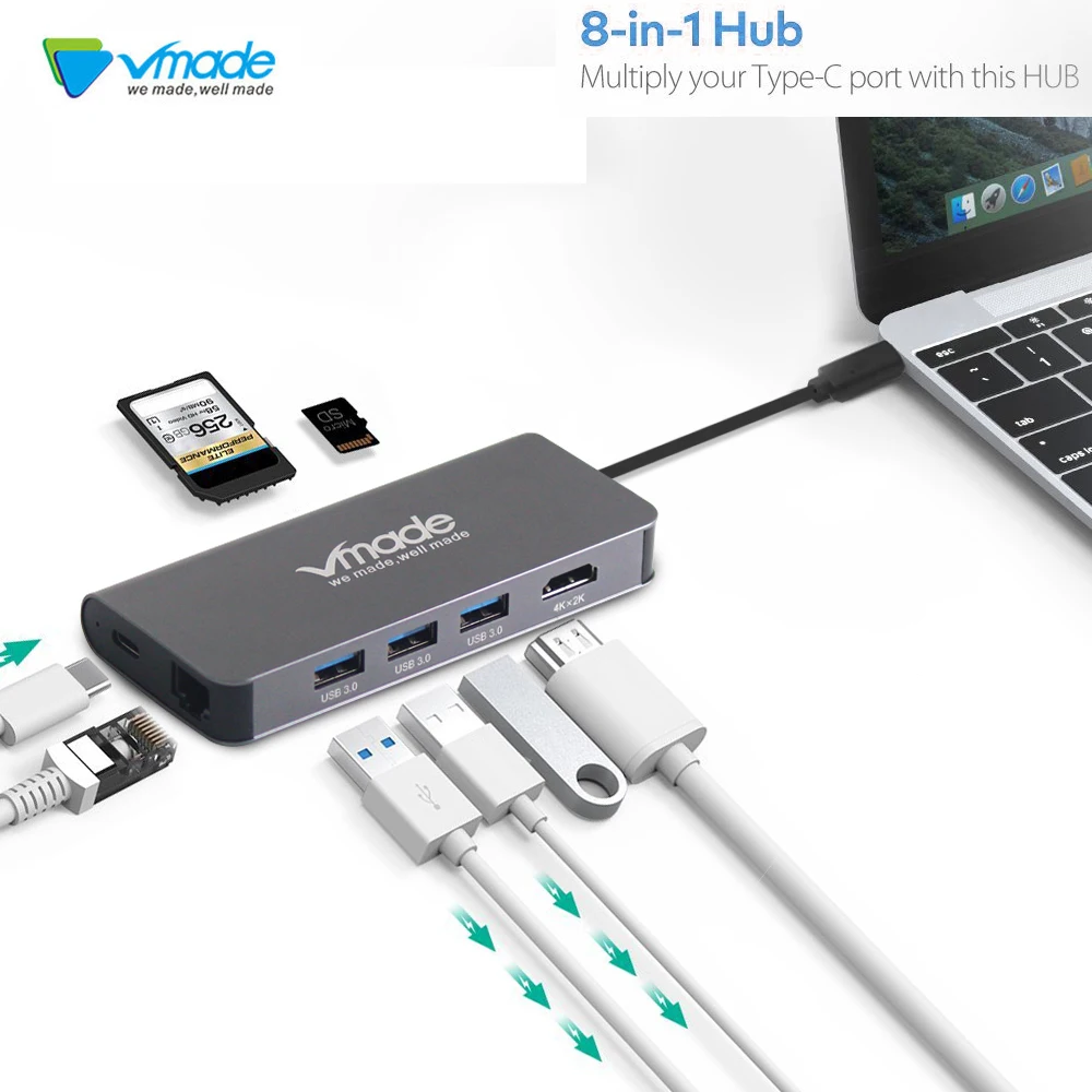 Vmade многопортовый 8 в 1 USB C концентратор Тип C разветвитель для USB 3,0 Thunderbolt 3 RJ45 адаптер SD/TF слот для RS-MMC PD быстрое зарядное устройство